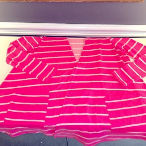 Lularoe Caroline A line Hot Pink Striped Cardigan - Picture 6 of 7
